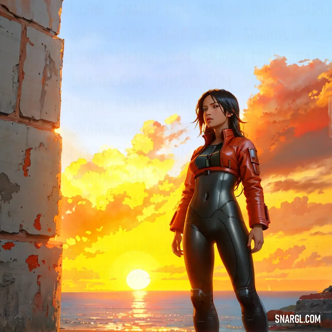 Woman in a leather suit standing in front of a sunset on the beach with a brick wall and a large orange sky