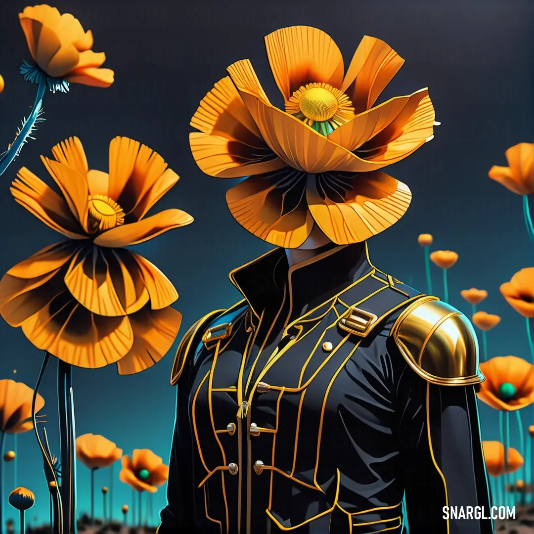 Woman in a uniform with flowers on her head and a blue sky in the background. Example of Orange peel color.