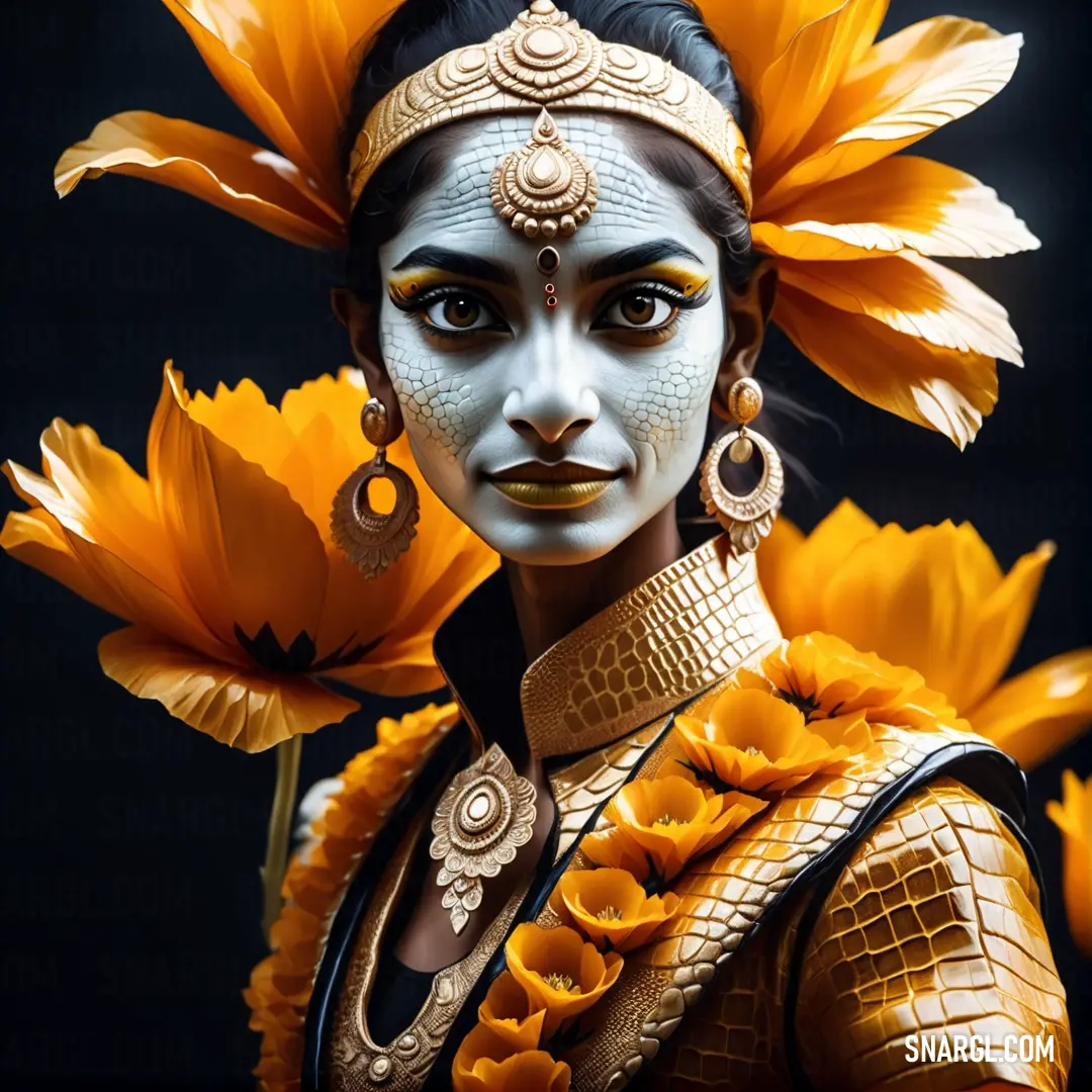 Woman with a white face and yellow flowers in her hair and a yellow flower in her hair. Color Orange peel.