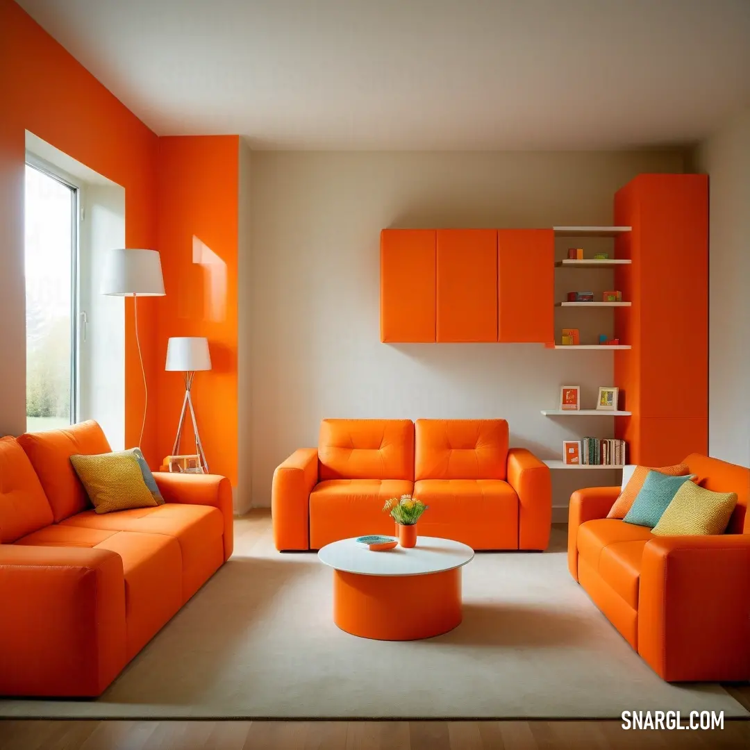 Living room with orange furniture and a white table and chair and a window with a view of the outside. Example of RGB 255,69,0 color.