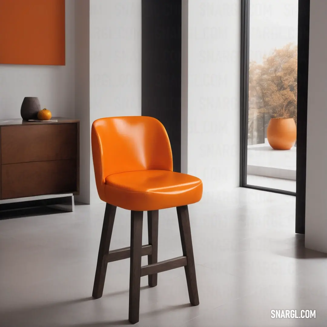 Chair with a wooden frame and a bright orange seat is in a room with a large window and a dresser. Color Orange red.