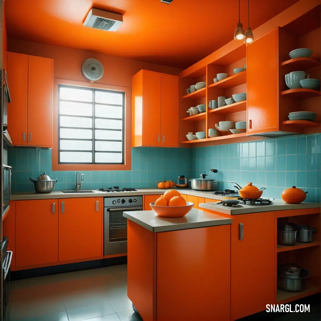 Kitchen with orange cabinets and a white counter top and a stove top oven and microwave oven and a window. Color Orange red.