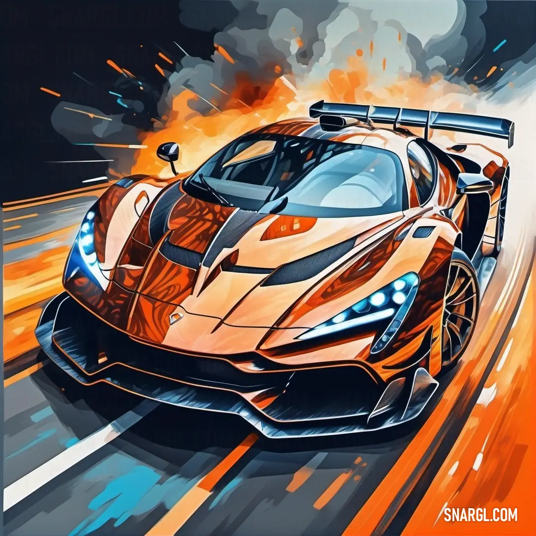 Orange red color example: Painting of a sports car driving on a track with flames coming out of the back of it's body