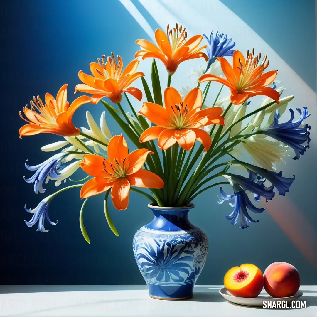 Painting of a vase with flowers and peaches on a table with a blue background. Color CMYK 0,73,100,0.