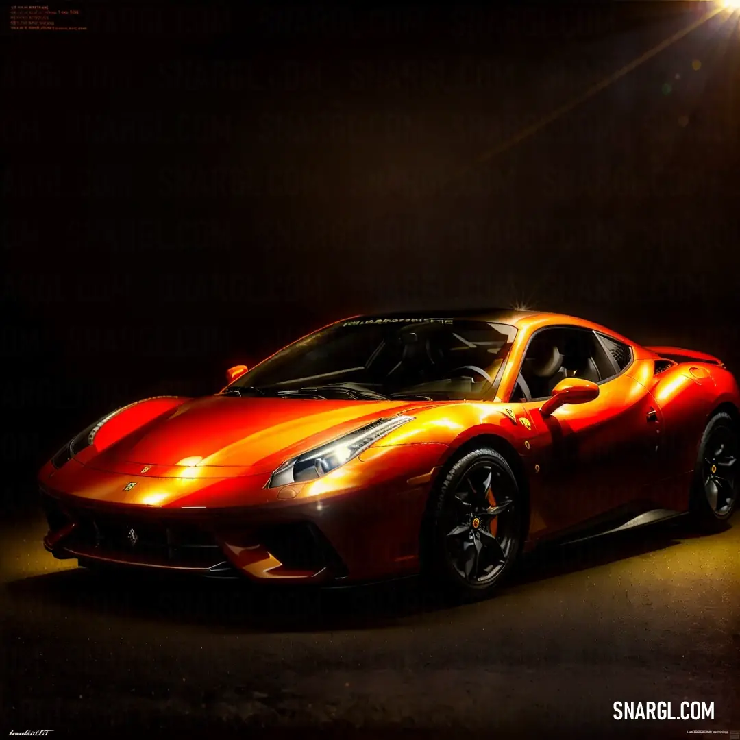 Red sports car is shown in a dark room with a light on it's side and a spot light on the front of the car. Color RGB 255,69,0.