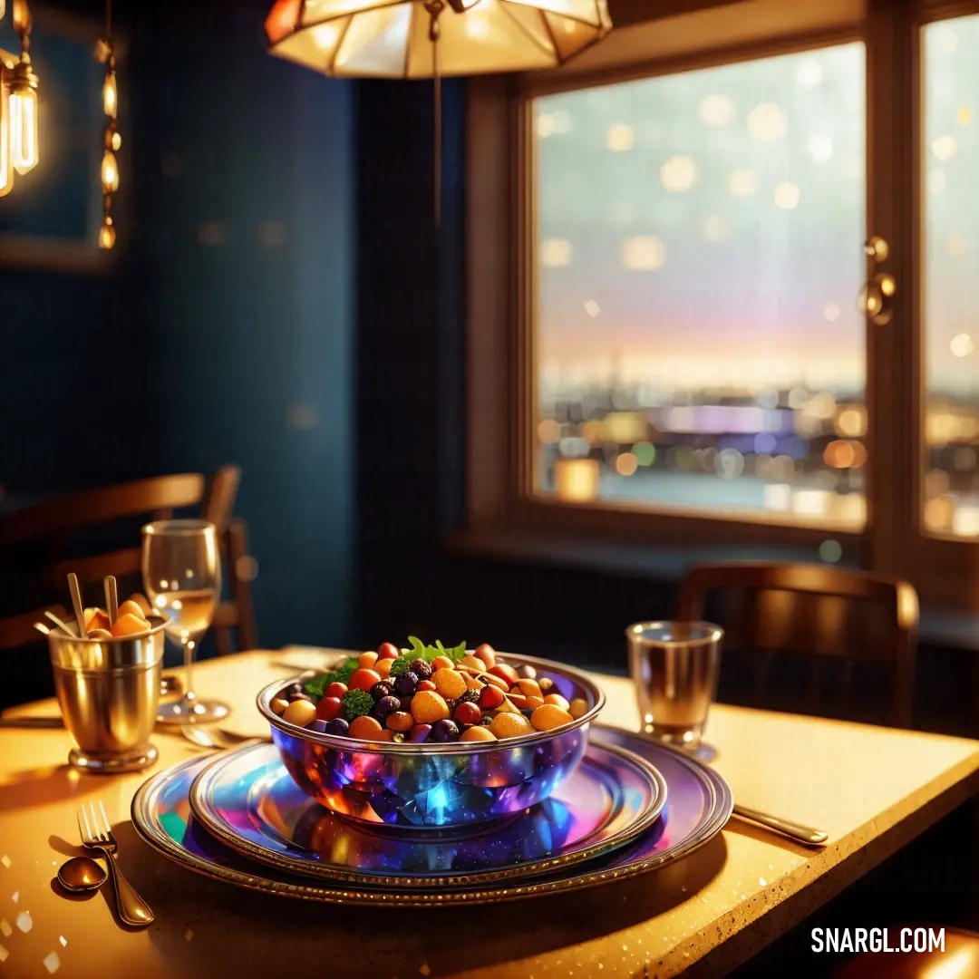 Bowl of food on a table with a view of a city outside the window at night time. Example of CMYK 0,14,58,3 color.