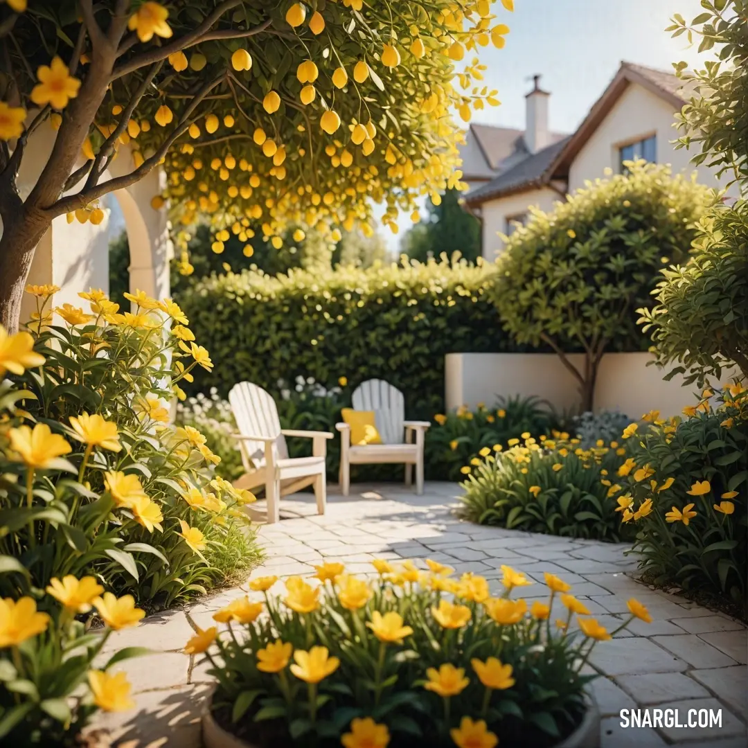Garden with yellow flowers and a white chair in the middle of it. Color RGB 248,213,104.