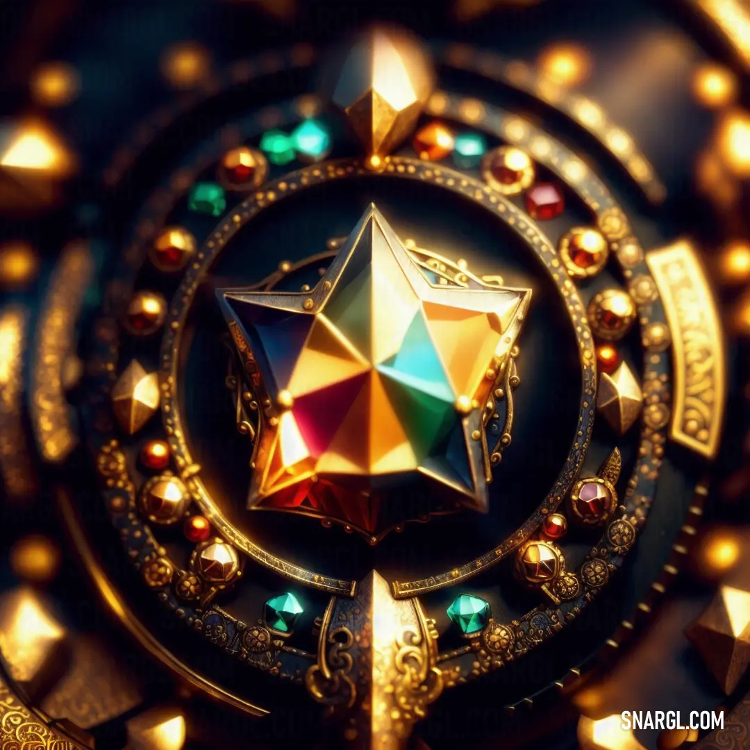 Orange Yellow color example: Colorful star is in a circular design with gold and green accents on it's sides and a gold chain around it