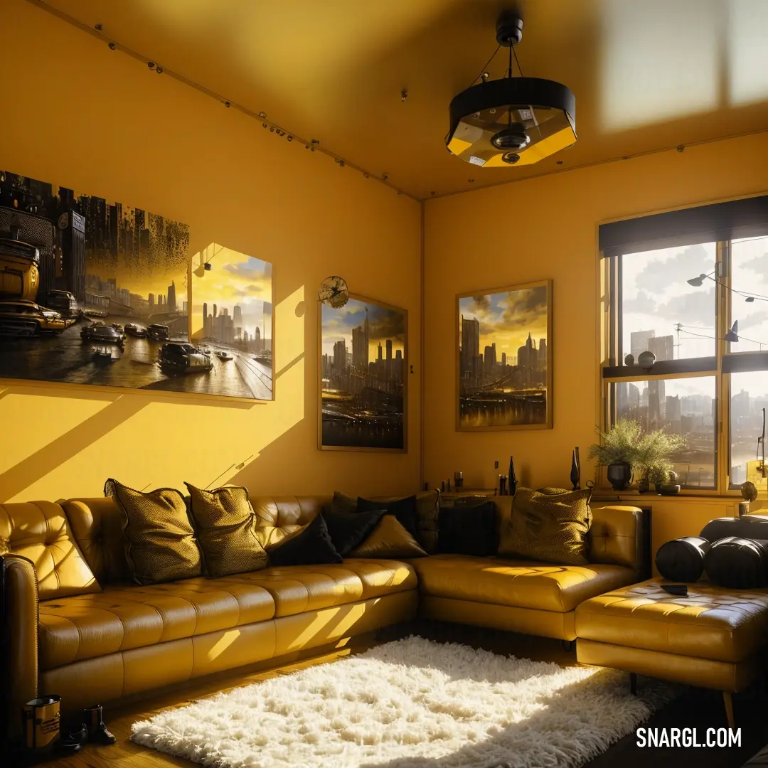 Orange Yellow color. Living room with a couch and a rug in it and a window with a view of the city