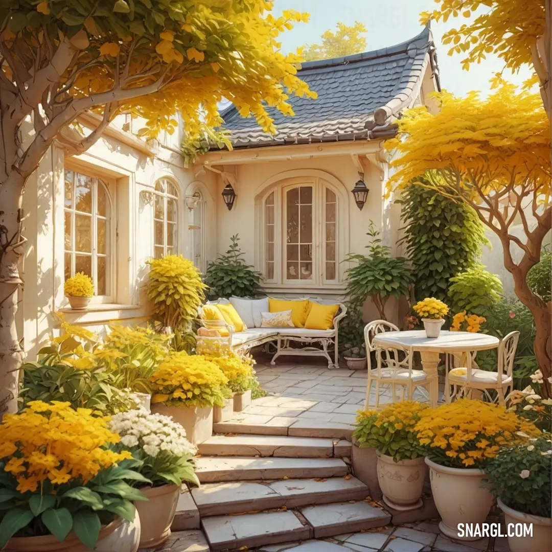 Patio with a table and chairs and flowers in pots on the ground and a house in the background. Color CMYK 0,14,58,3.