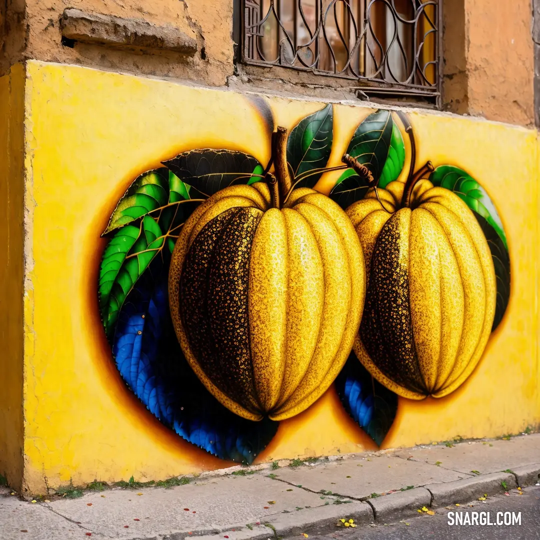 Painting of two oranges on a yellow wall with a blue tail and green leaves on it