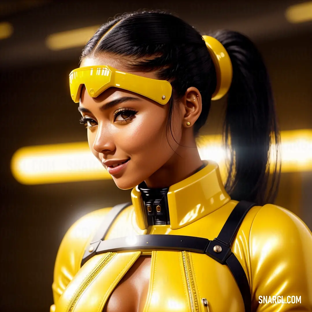 Woman in a yellow leather outfit with a sci - fi fion mask on her head