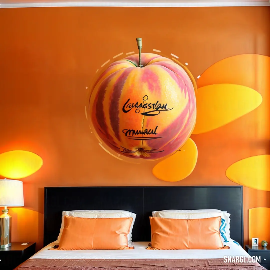 Bed with a large orange painted on the wall above it and a lamp on the side of the bed