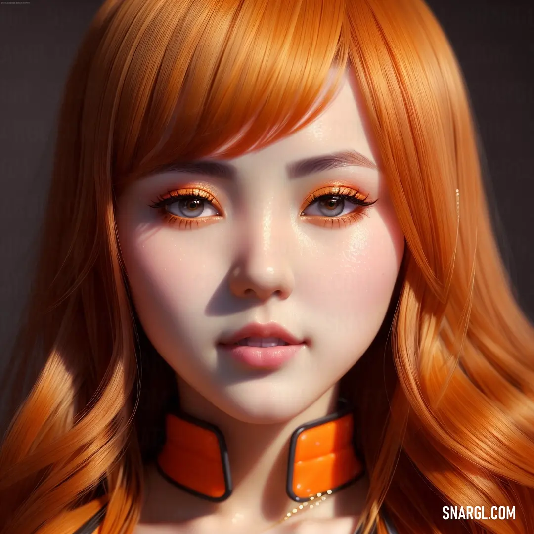 Close up of a doll with orange hair and orange eyeshadow and a necklace on her neck