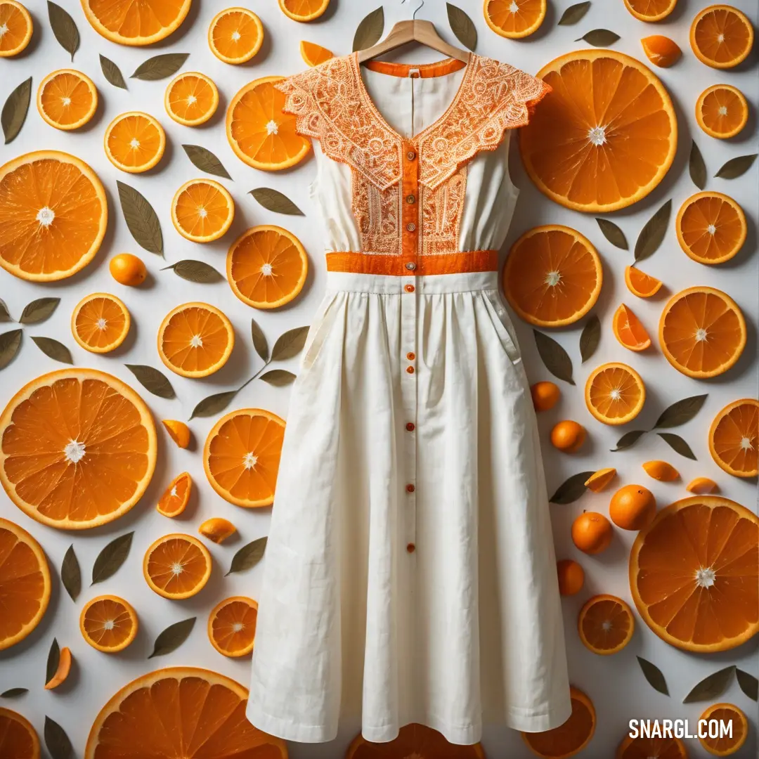 Dress made of oranges is hanging on a wall with leaves and leaves around it