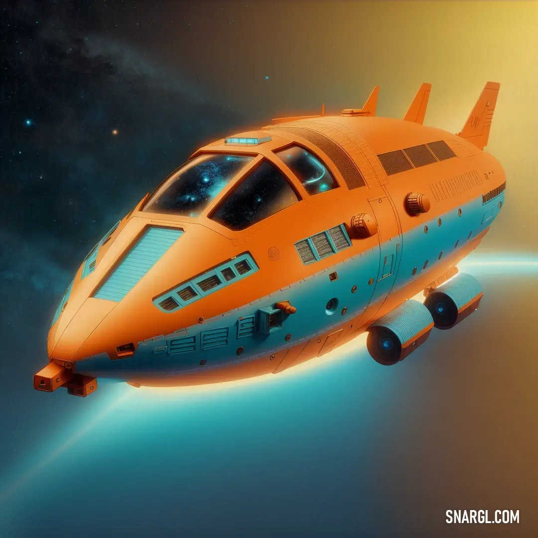Futuristic orange airplane flying through the sky with a bright blue background and a star filled sky behind it