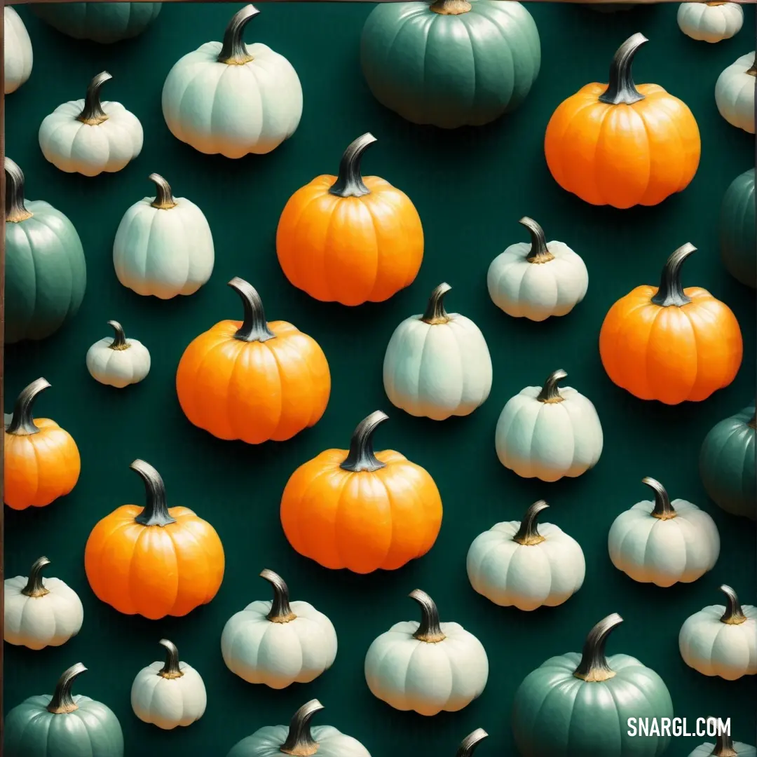 Group of pumpkins on top of a green surface with a wooden frame around them. Example of CMYK 0,35,100,0 color.