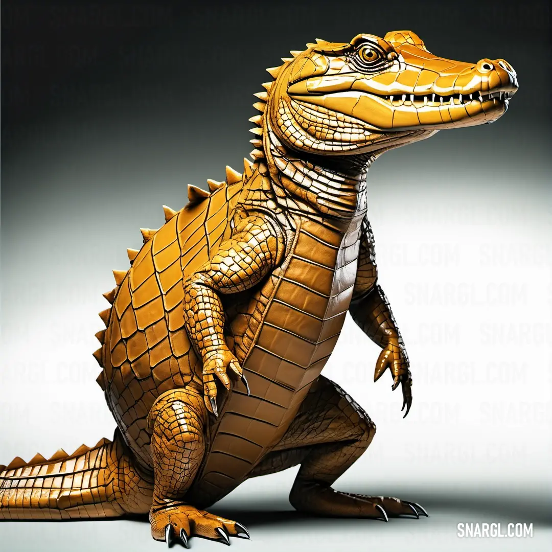 Large alligator statue on top of a table next to a gray background. Color CMYK 0,35,100,0.