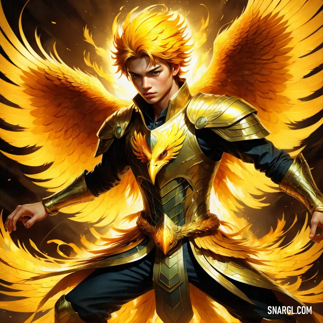 Orange color example: Man with a golden outfit and wings on his body, standing in front of a yellow background