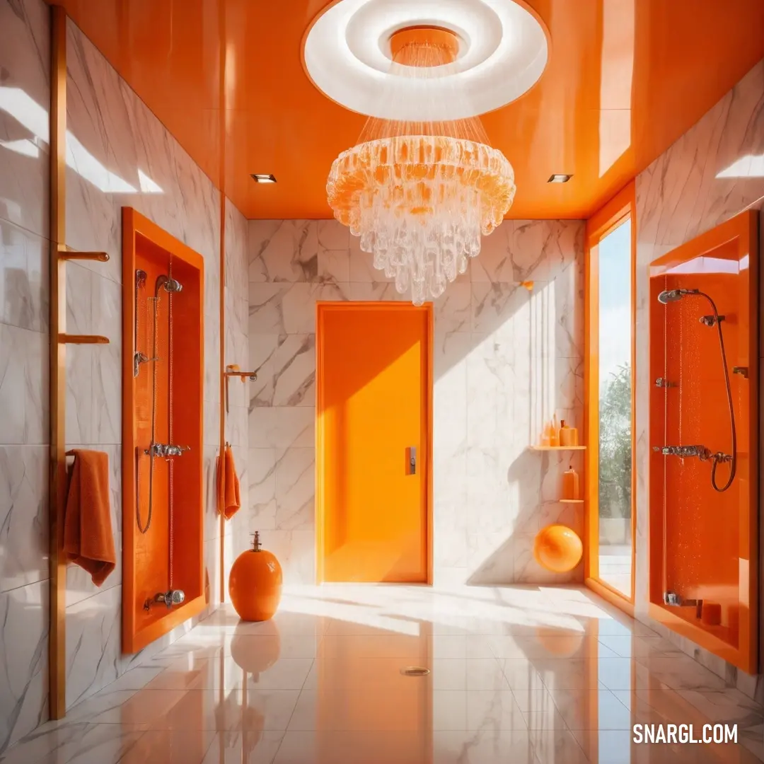 Bathroom with orange and white walls and a chandelier hanging from the ceiling. Color Orange.