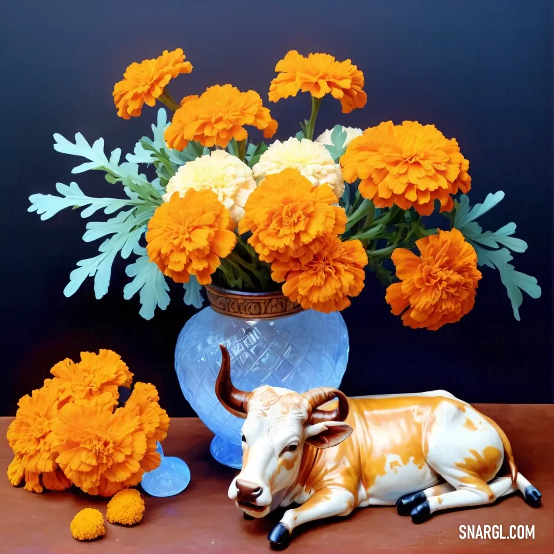 Cow laying next to a vase of flowers and a vase of orange flowers on a table with a cow figurine. Example of Orange color.