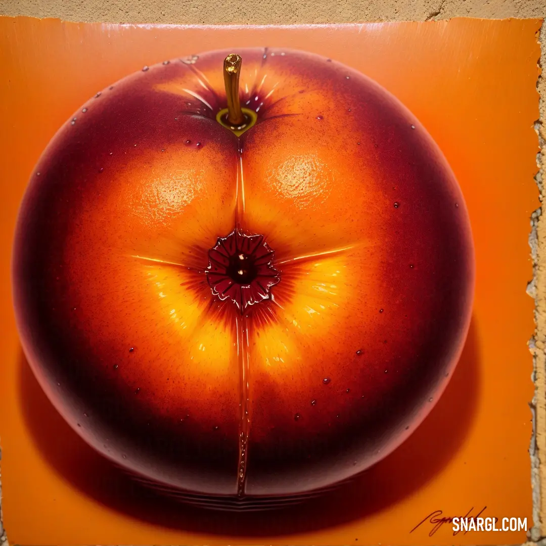 Painting of a red apple with a yellow center and a brown background with a yellow border around it