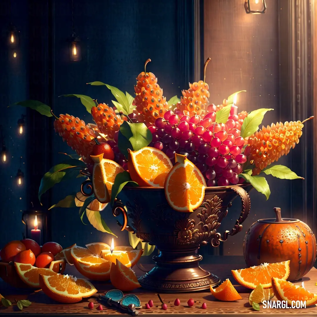 Painting of a vase filled with oranges and grapes on a table with candles and pumpkins around it
