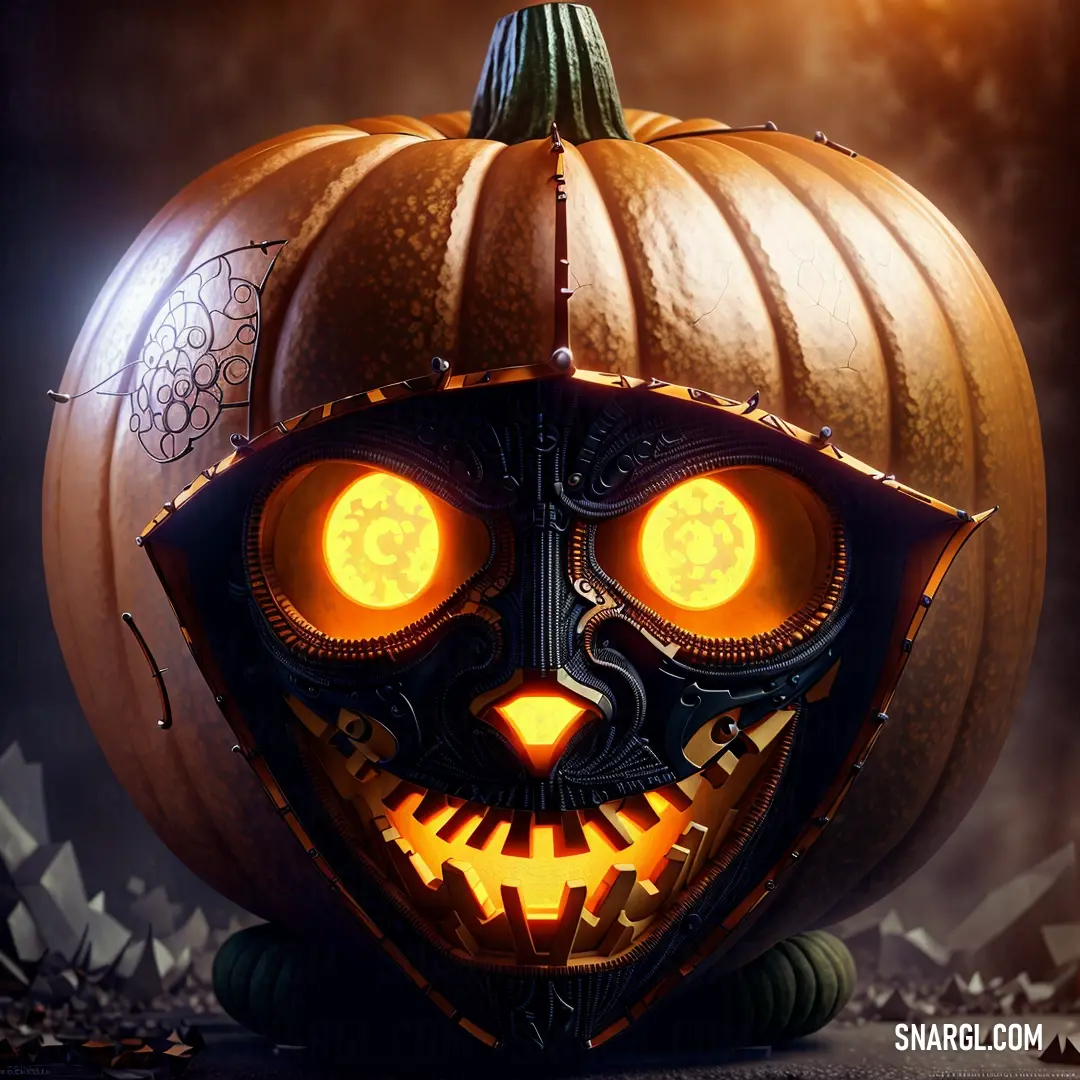 Pumpkin with glowing eyes and a face on it's face is shown in front of a dark background. Color #FFA500.