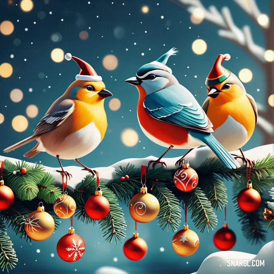 Three birds are perched on a branch with christmas decorations on it and a snow covered background. Color #FFA500.