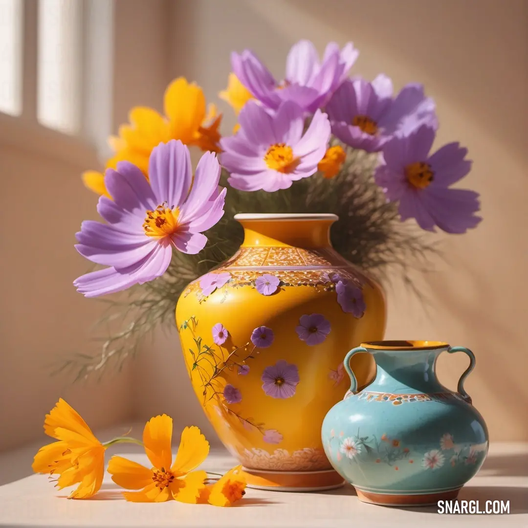 Vase with flowers in it on a table next to a vase with flowers in it and a vase. Example of #FFA500 color.