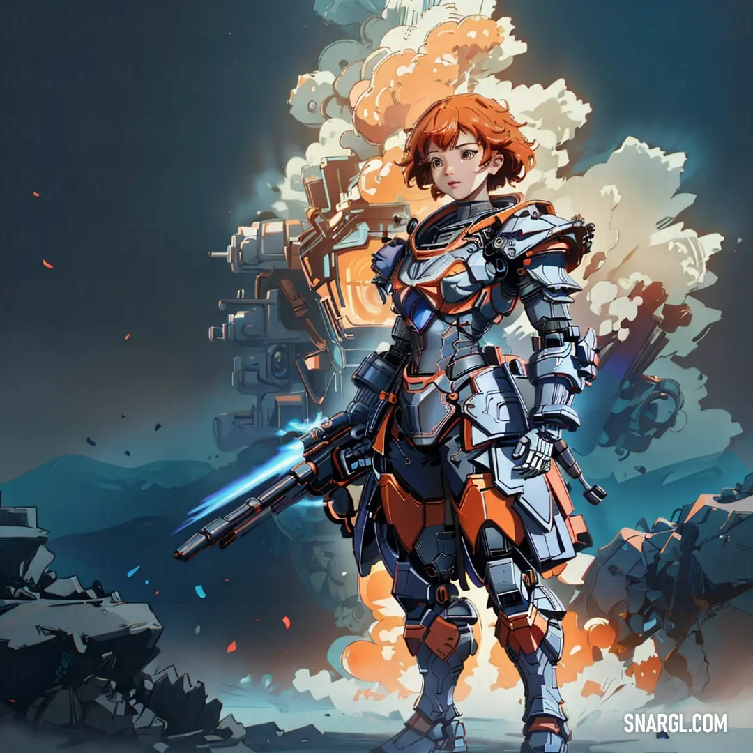 Woman in armor holding a gun in front of a fire filled sky with a rocket in her hand