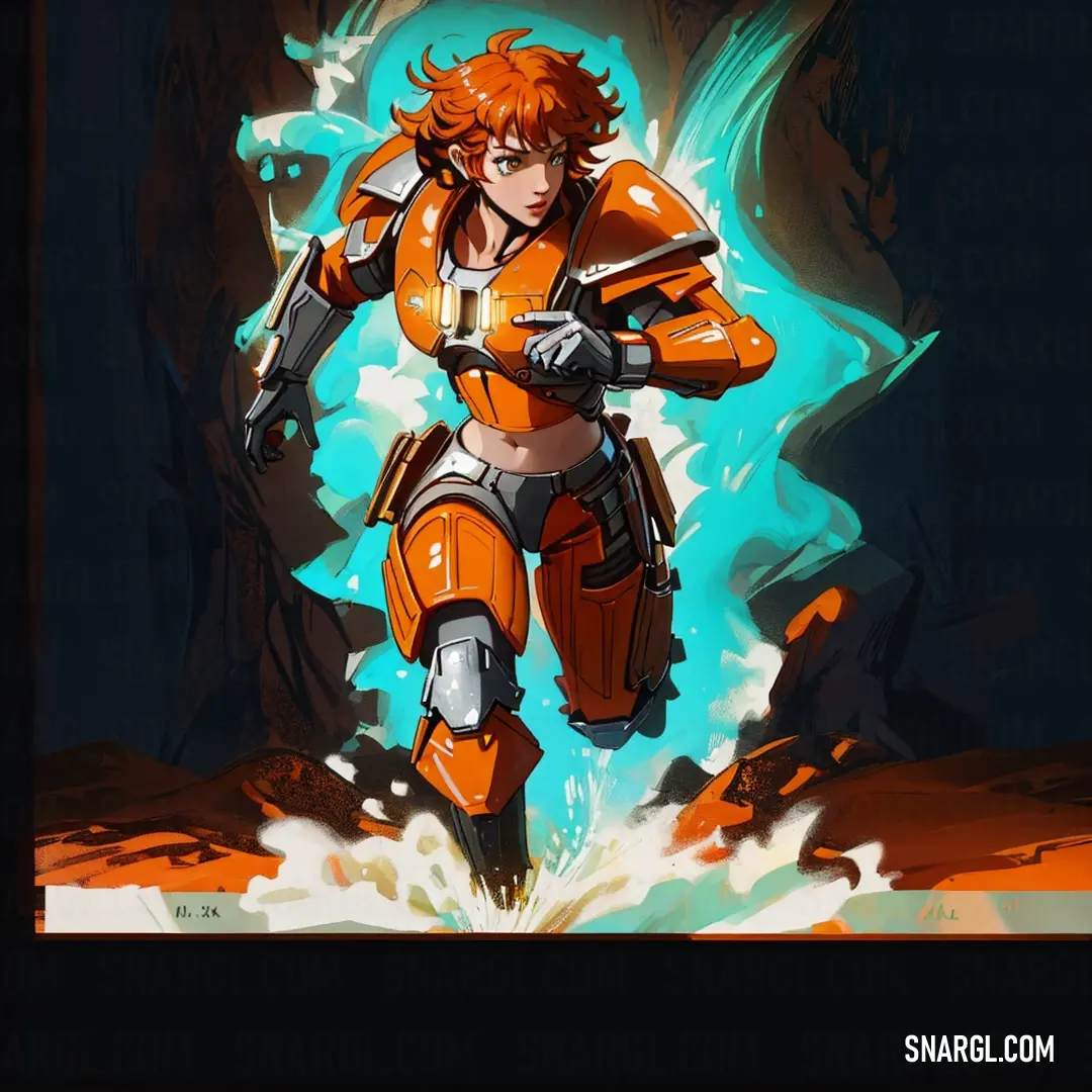 Woman in orange is running through a cave with a gun in her hand and a blue flame behind her