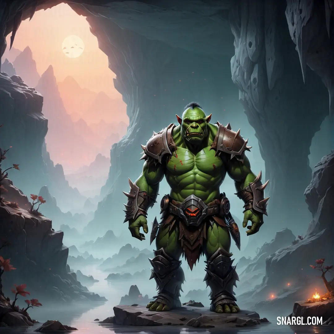 Cartoon character standing in a cave with a giant green Orc in his hand and a glowing light in the background