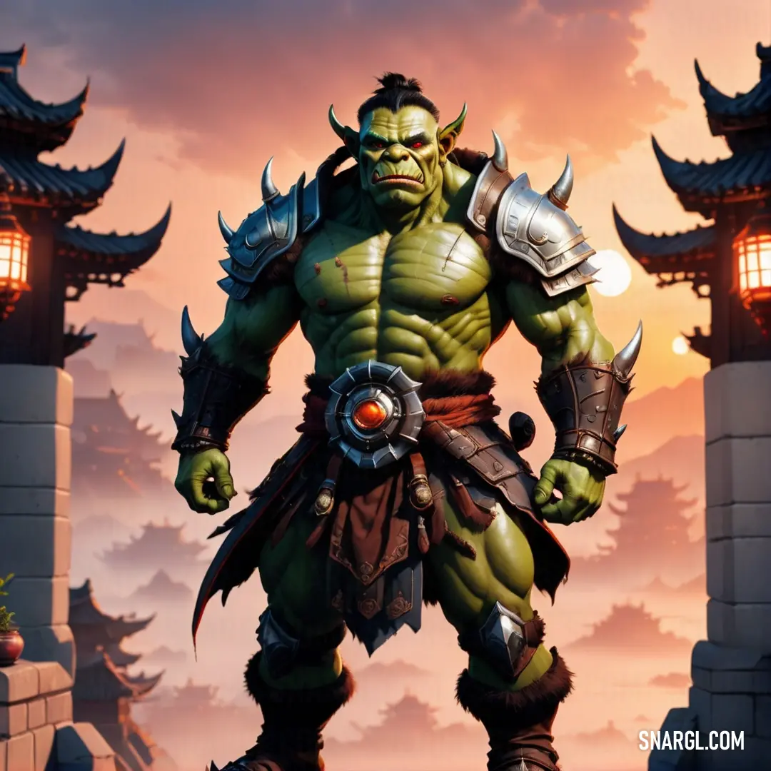 Cartoon character standing in front of a castle with a Orc on his chest