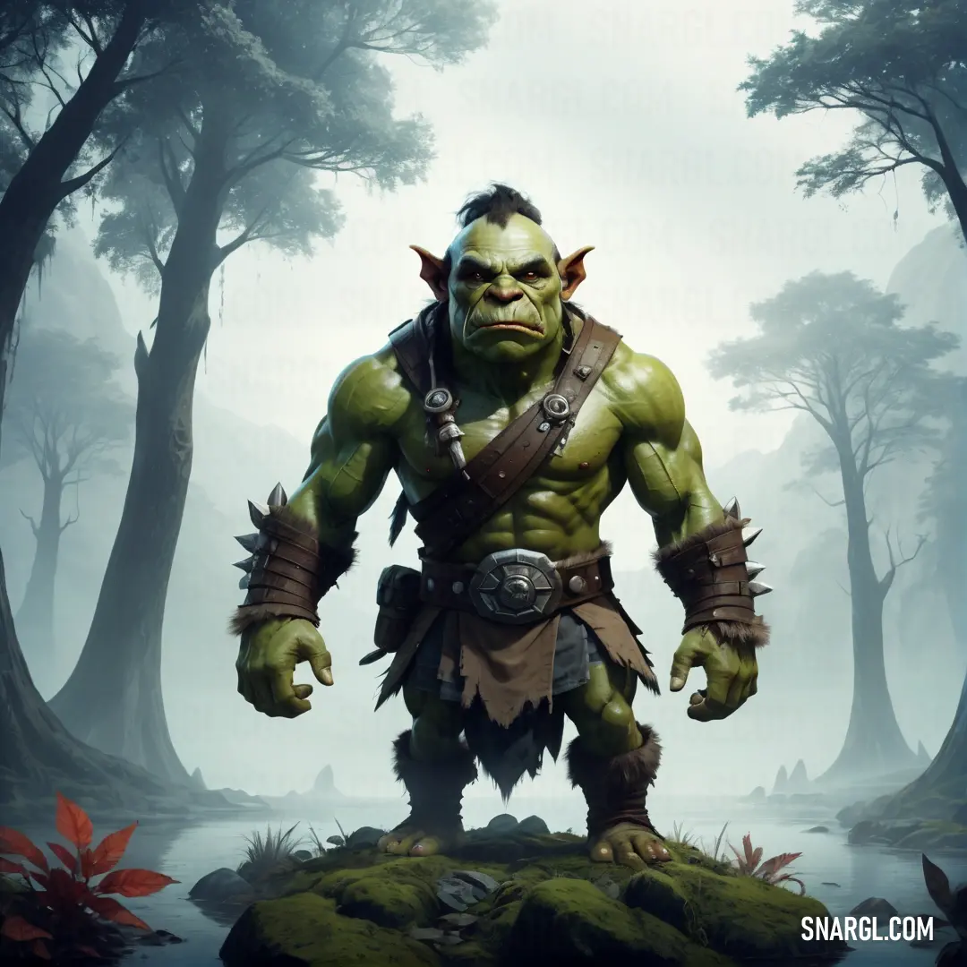 Orc from the video game world of warcraft standing in a forest with a sword in his hand