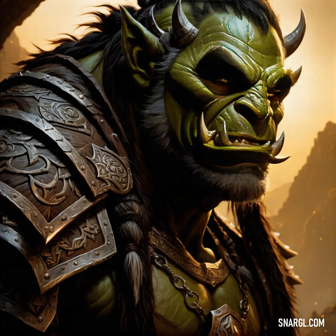 Green demon with horns and a horned face is standing in a cave with a mountain in the background