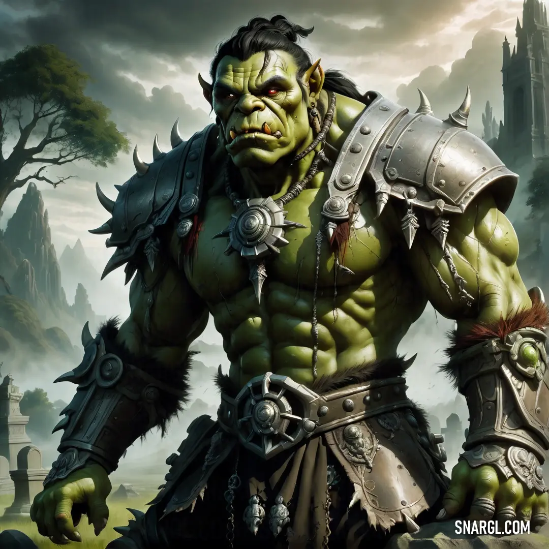 Man dressed as a Orc with a huge head and a huge chest and a huge arm