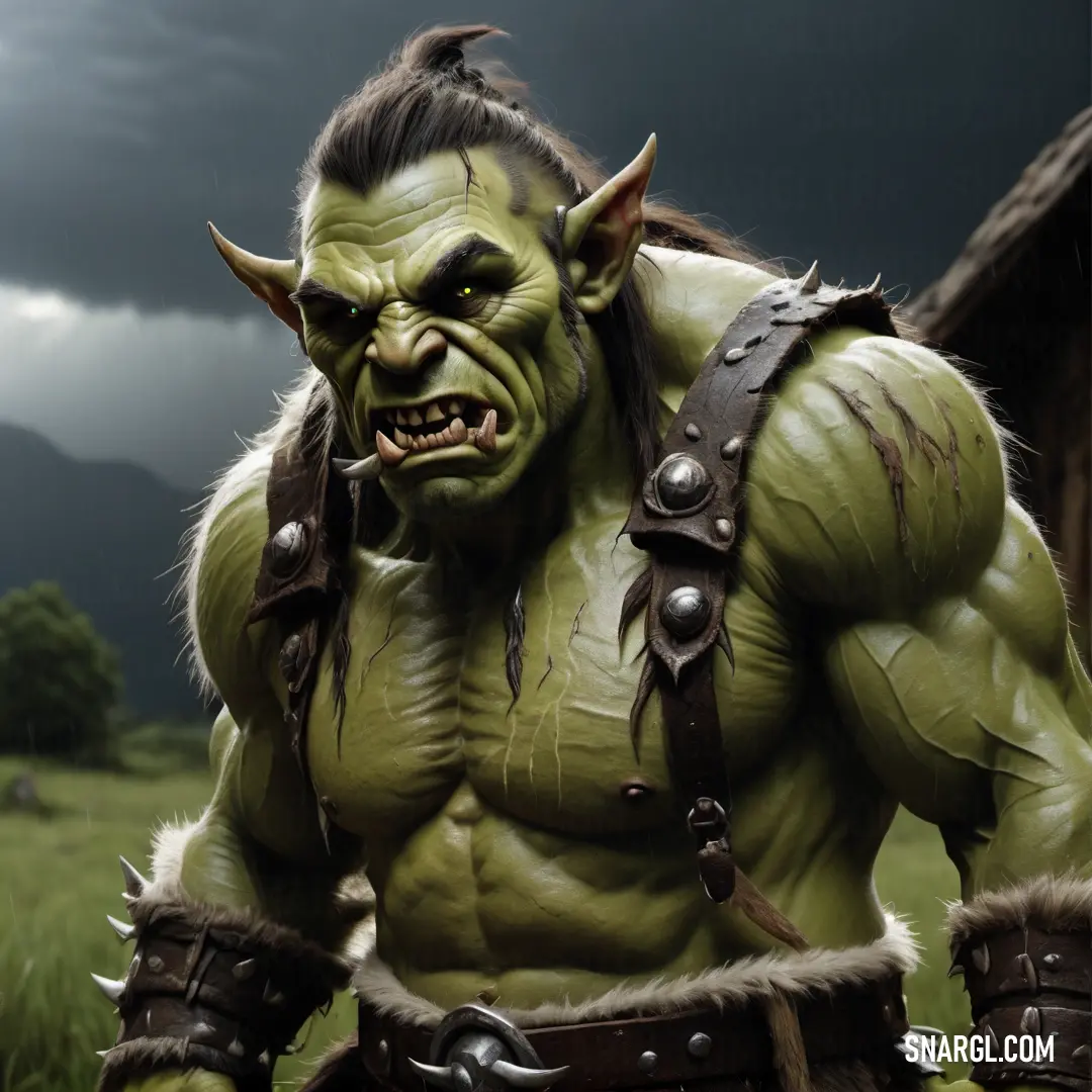 Orc with a large griny face and horns on his head and a leather belt around his waist
