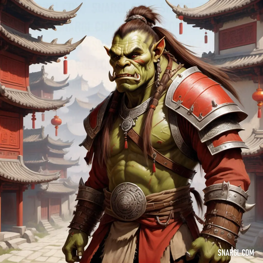 Orc in a costume with a sword in his hand and a building in the background