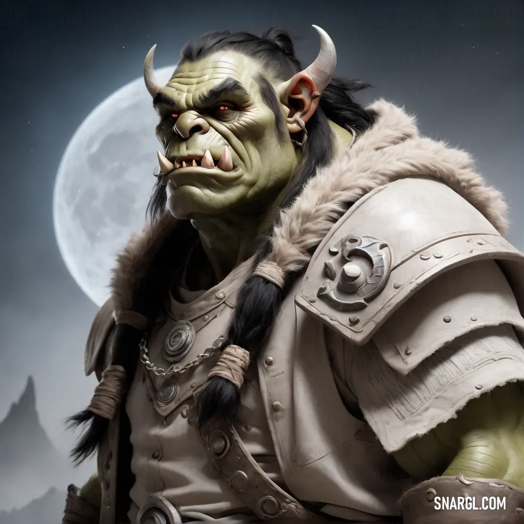 Orc in a costume with horns and a horned face with a full moon in the background