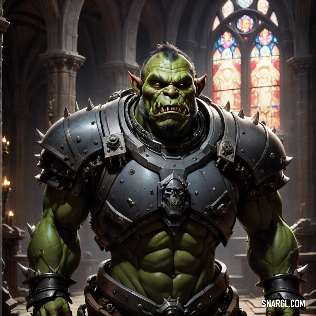 Orc with a huge green face and a massive helmet on his head