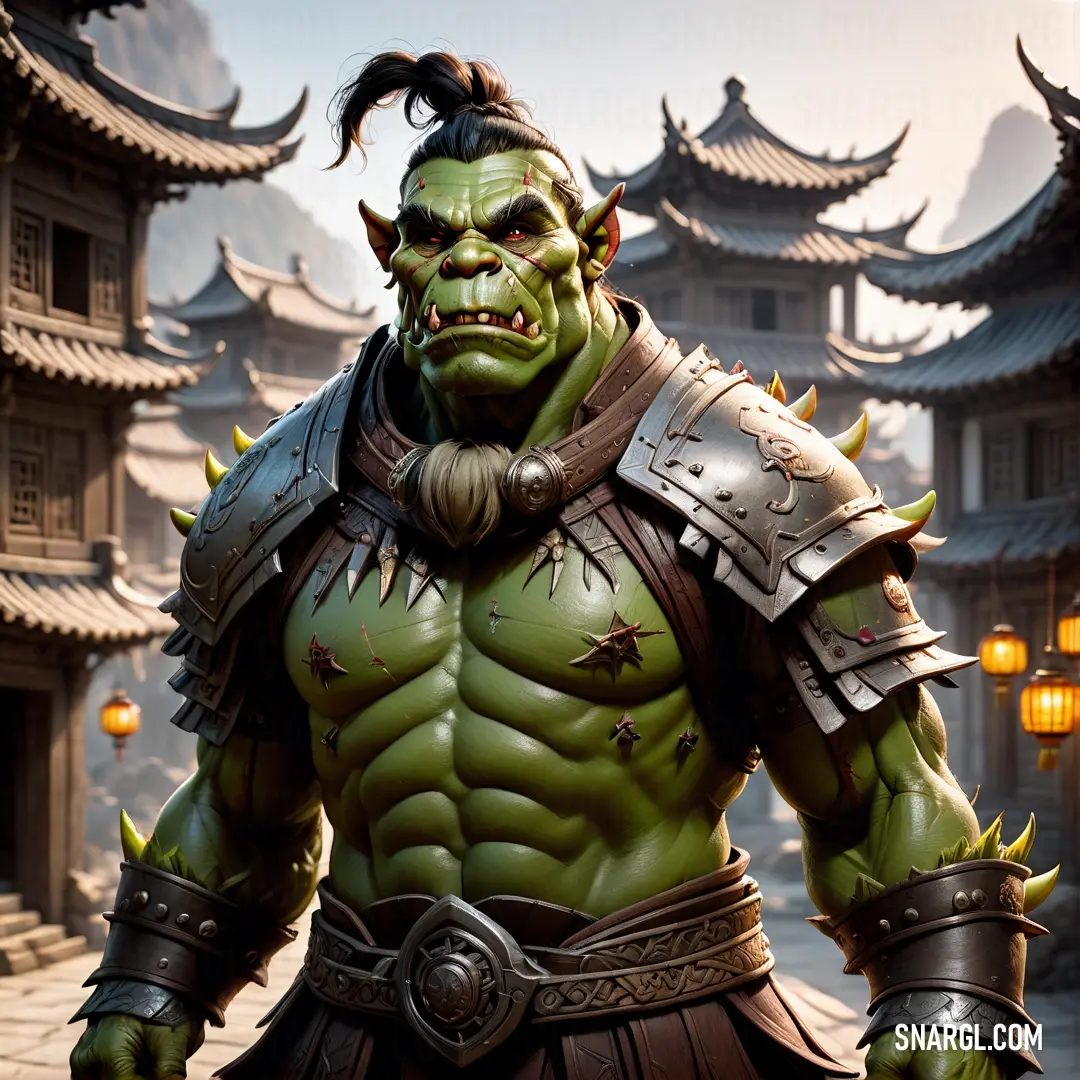 Orc in a costume with a beard and a beardlocke standing in front of a building with a lot of asian architecture
