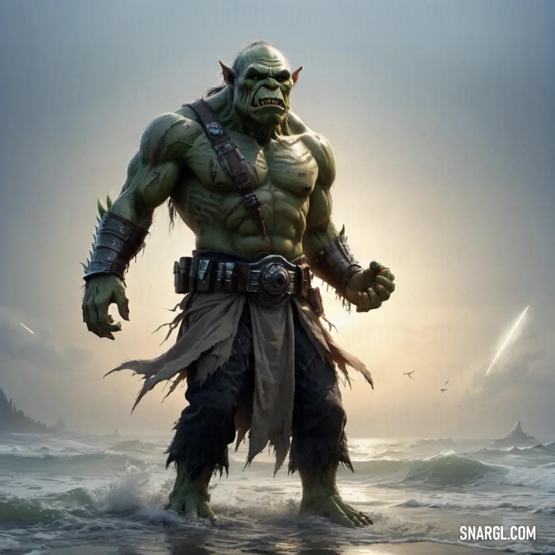 Man in a costume standing in the water with a sword in his hand and a Orc on his chest
