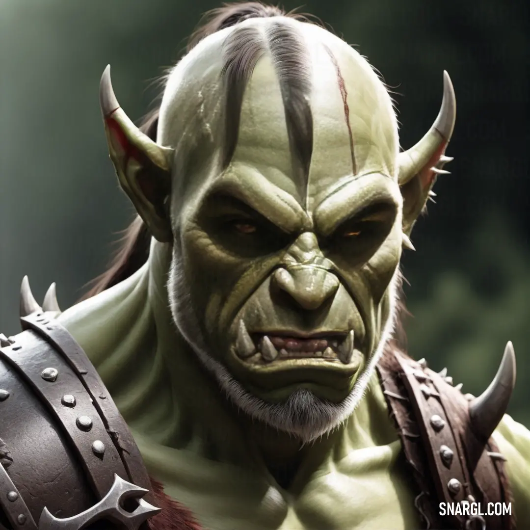Orc with a horned face and horns on his head and a green face and a brown beard and a black nose