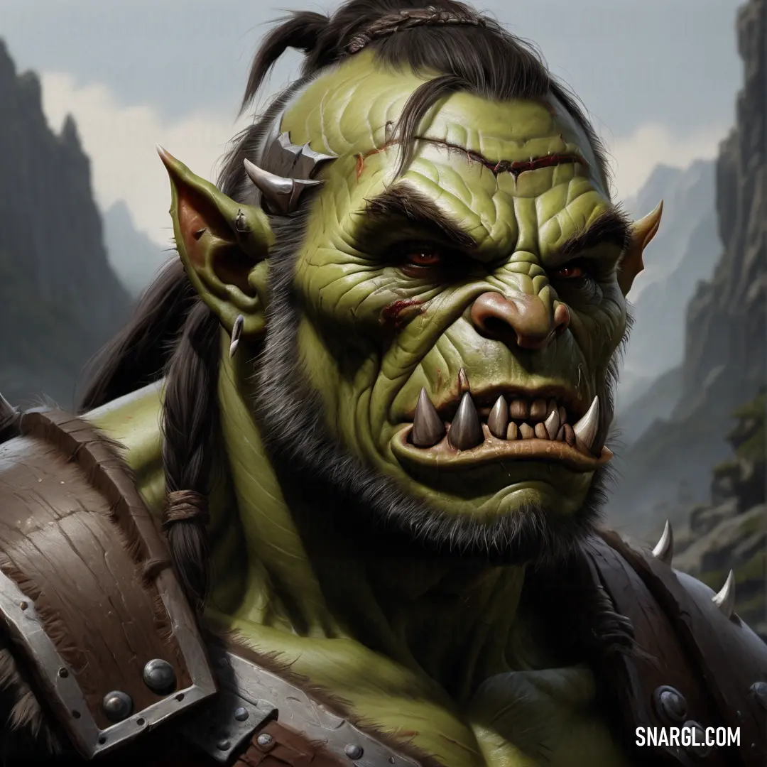 Orc with a horned face and horns on his head and a horned face on his chest and shoulders