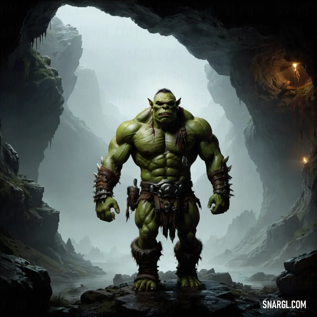 Orc with a horned head and a horned body standing in a cave with a sword in his hand