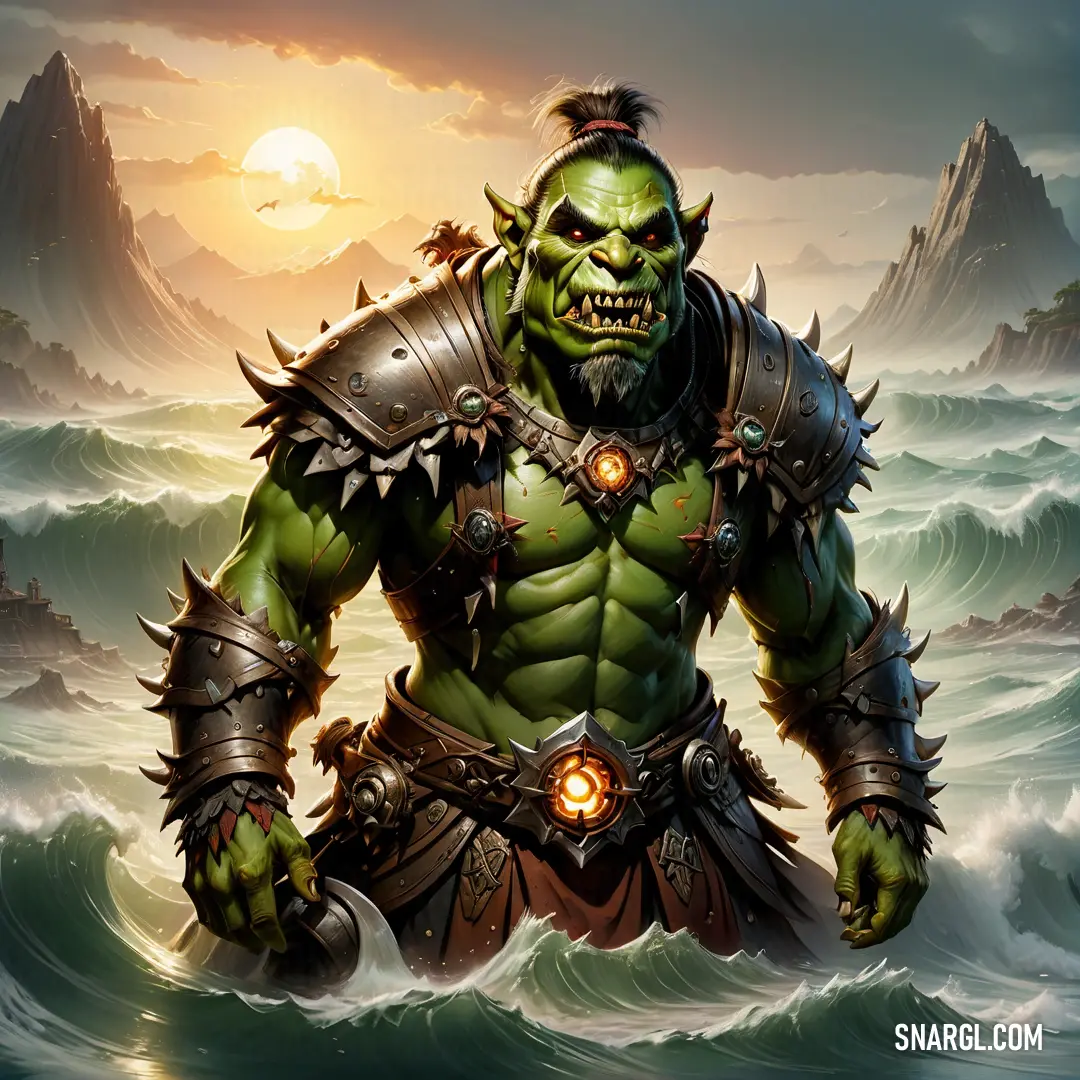 Painting of a green Orc with a glowing eye and a helmet on his head standing in the water