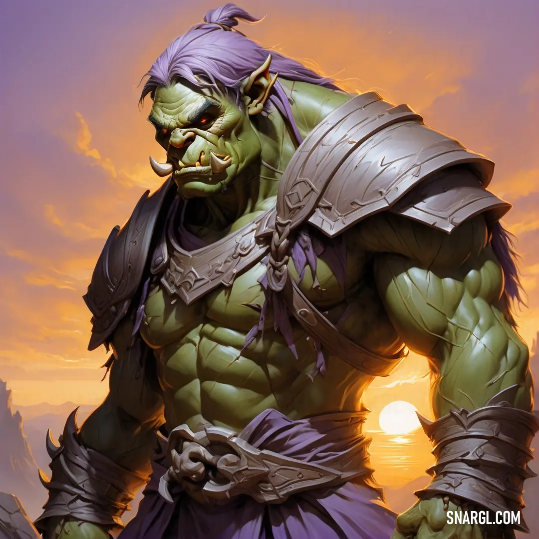 Painting of a male Orc in armor with a sword in his hand and a sunset in the background behind him