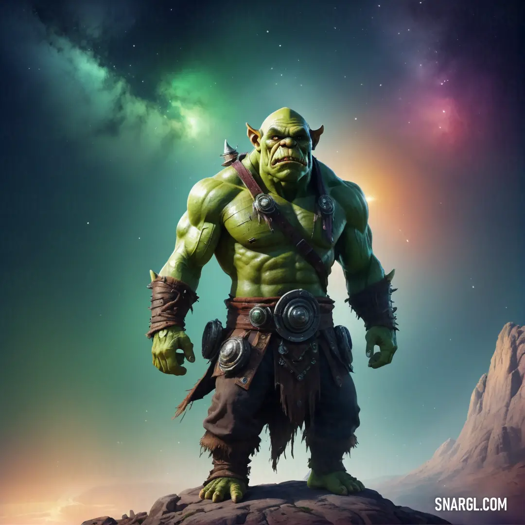 Painting of a male Orc in a costume standing on a rock with a sky background