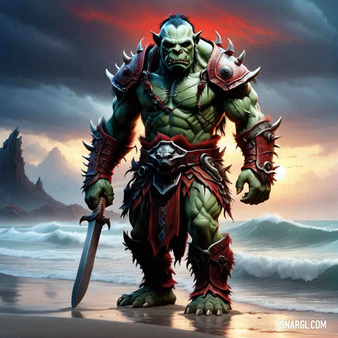 Painting of a monster with a sword and armor on a beach at sunset with a mountain in the background